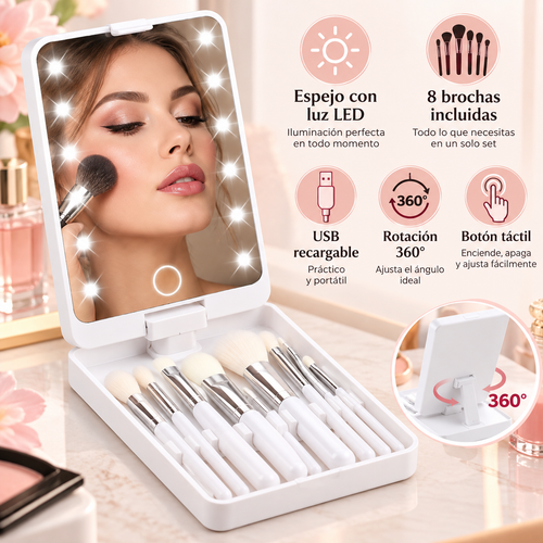 ESPEJO LED PORTÁTIL + SET DE 8 BROCHAS ✨